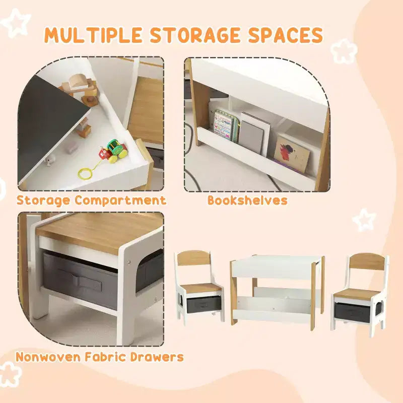 JVNOXK2-en-1 Ensemble bureau et chaise pour tout-petits avec tableau noir réversible, rangement et étagère, combinaison bureau et chaise 3 pièces pour enfants