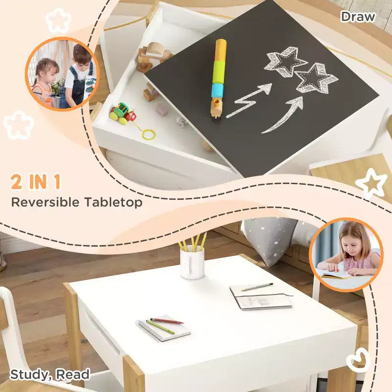 JVNOXK2-en-1 Ensemble bureau et chaise pour tout-petits avec tableau noir réversible, rangement et étagère, combinaison bureau et chaise 3 pièces pour enfants