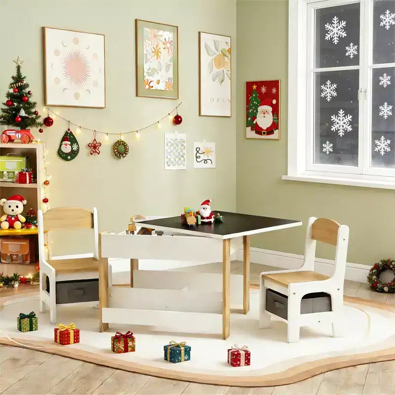 JVNOXK2-en-1 Ensemble bureau et chaise pour tout-petits avec tableau noir réversible, rangement et étagère, combinaison bureau et chaise 3 pièces pour enfants