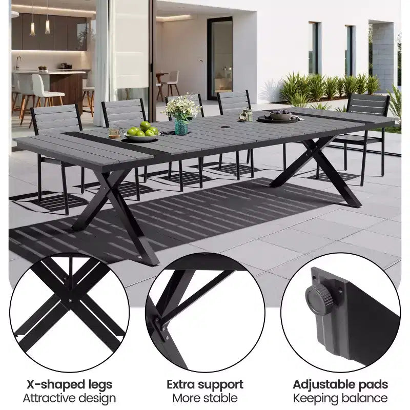 Crestlive Products - Salon de Jardin/Patio d'extérieur avec Pieds en X Stables, Fauteuils, Plateau de Table Imitation Bois, Cadre en Aluminium et Trou pour Parasol