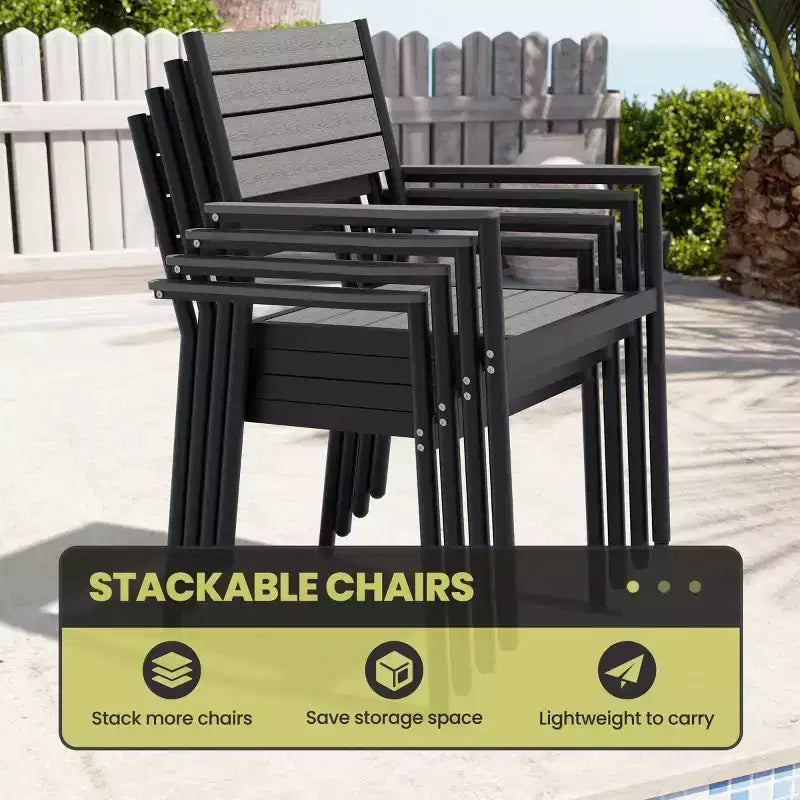 Crestlive Products - Salon de Jardin/Patio d'extérieur avec Pieds en X Stables, Fauteuils, Plateau de Table Imitation Bois, Cadre en Aluminium et Trou pour Parasol