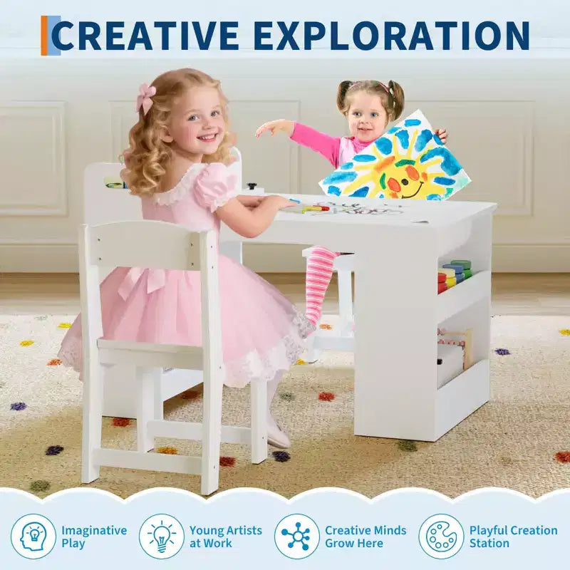 Ensemble table et chaises d'art pour enfants, grande table de bricolage pour enfants avec 2 chaises, bureau d'art multifonctionnel avec étagères de rangement pour chambre d'enfants, jardin d'enfants