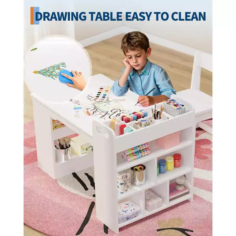 Ensemble table et chaises d'art pour enfants, grande table de bricolage pour enfants avec 2 chaises, bureau d'art multifonctionnel avec étagères de rangement pour chambre d'enfants, jardin d'enfants