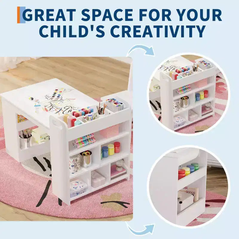 Ensemble table et chaises d'art pour enfants, grande table de bricolage pour enfants avec 2 chaises, bureau d'art multifonctionnel avec étagères de rangement pour chambre d'enfants, jardin d'enfants
