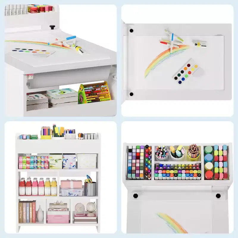 Ensemble table et chaises d'art pour enfants, grande table de bricolage pour enfants avec 2 chaises, bureau d'art multifonctionnel avec étagères de rangement pour chambre d'enfants, jardin d'enfants