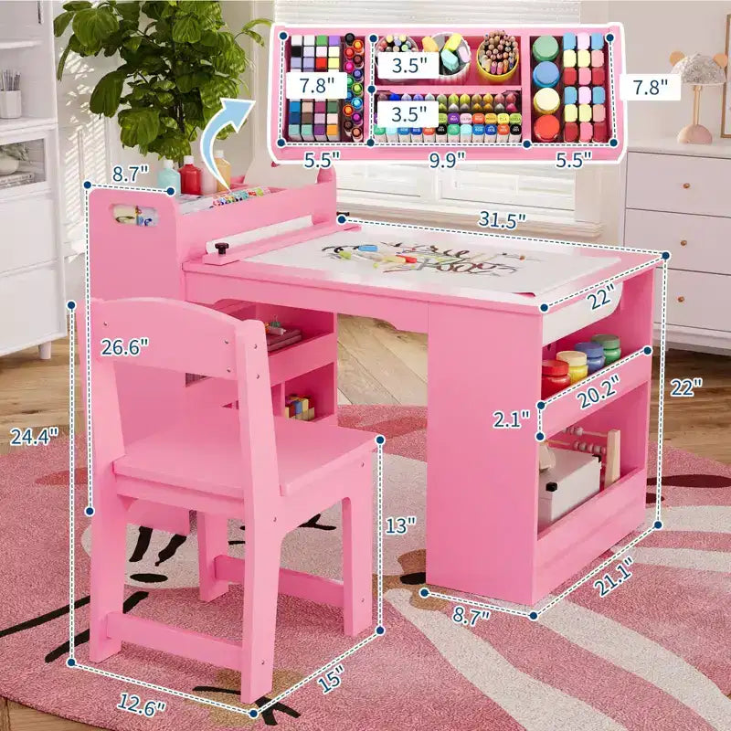 Ensemble table et chaises d'art pour enfants, grande table de bricolage pour enfants avec 2 chaises, bureau d'art multifonctionnel avec étagères de rangement pour chambre d'enfants, jardin d'enfants