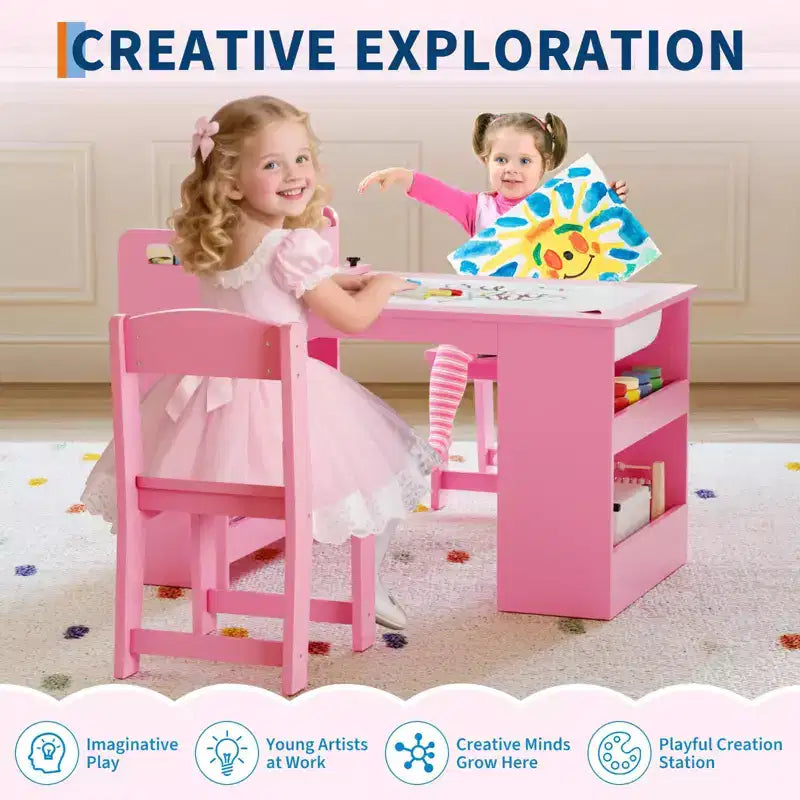 Ensemble table et chaises d'art pour enfants, grande table de bricolage pour enfants avec 2 chaises, bureau d'art multifonctionnel avec étagères de rangement pour chambre d'enfants, jardin d'enfants