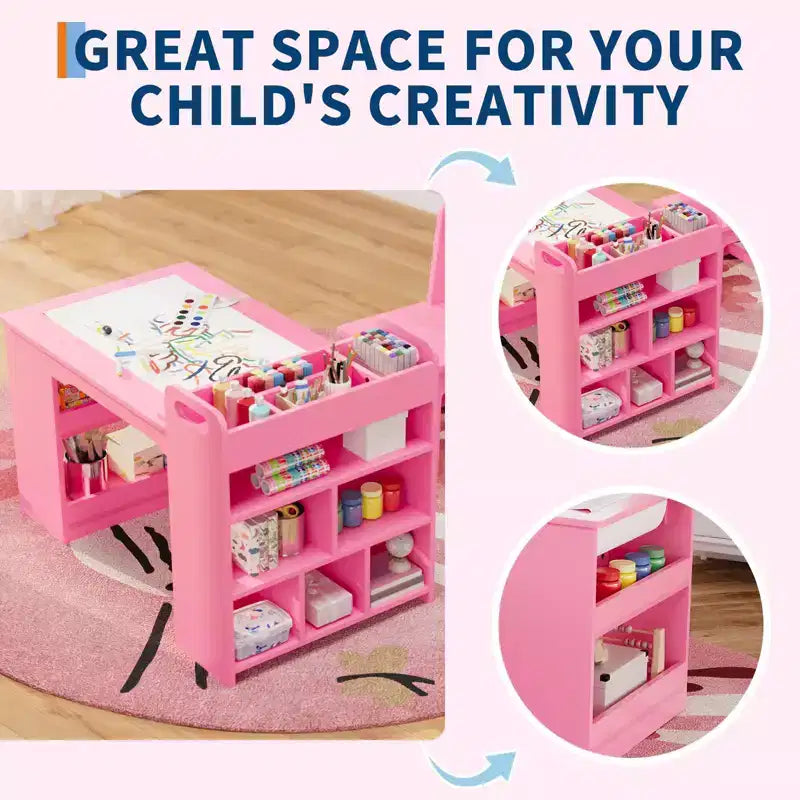 Ensemble table et chaises d'art pour enfants, grande table de bricolage pour enfants avec 2 chaises, bureau d'art multifonctionnel avec étagères de rangement pour chambre d'enfants, jardin d'enfants