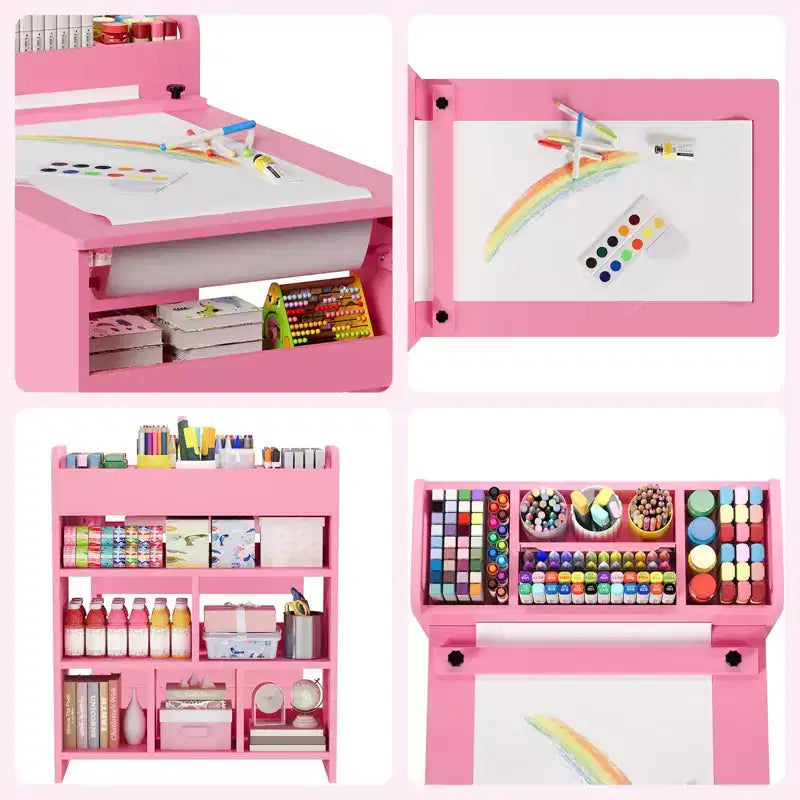 Ensemble table et chaises d'art pour enfants, grande table de bricolage pour enfants avec 2 chaises, bureau d'art multifonctionnel avec étagères de rangement pour chambre d'enfants, jardin d'enfants