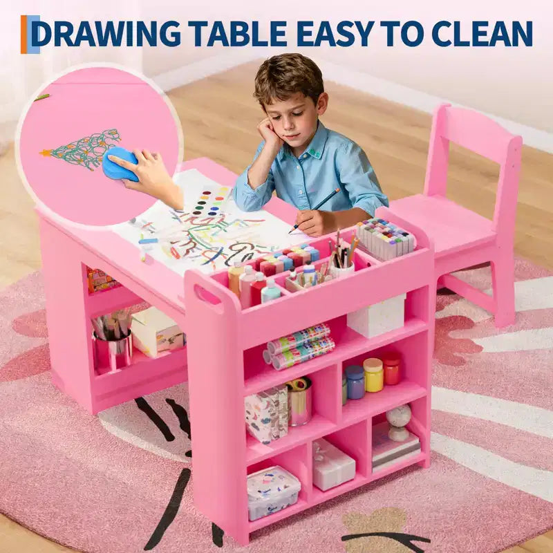 Ensemble table et chaises d'art pour enfants, grande table de bricolage pour enfants avec 2 chaises, bureau d'art multifonctionnel avec étagères de rangement pour chambre d'enfants, jardin d'enfants