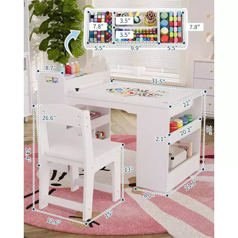 Ensemble table et chaises d'art pour enfants, grande table de bricolage pour enfants avec 2 chaises, bureau d'art multifonctionnel avec étagères de rangement pour chambre d'enfants, jardin d'enfants