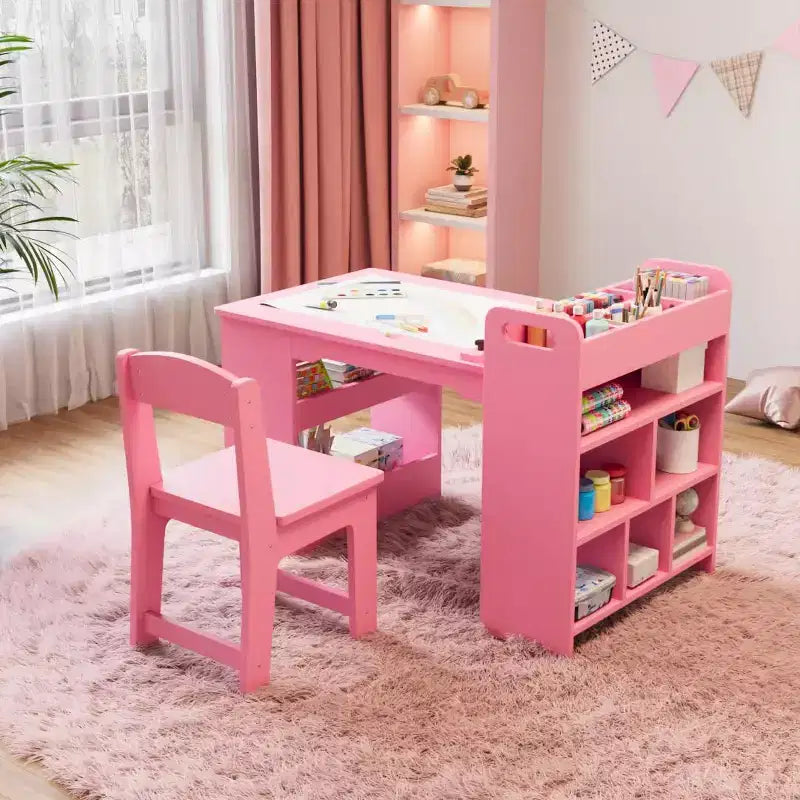 Kids Art Table and Chairs Set, Large Kids Craft Table with 2 Chairs, Multi-Functional Art Desk with Storage Shelves for Children Room, Kindergarten