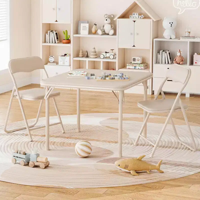 Boys and Girls Folding Table and Chairs Set of 3, Portable Table and Chair with Pu Soft Cushion,Suitable for Eating,Reading and Playing