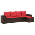 vidaXL 5 Piece Garden Sofa Set with Cushions Brown Poly Rattan - Brown and Red Without Table