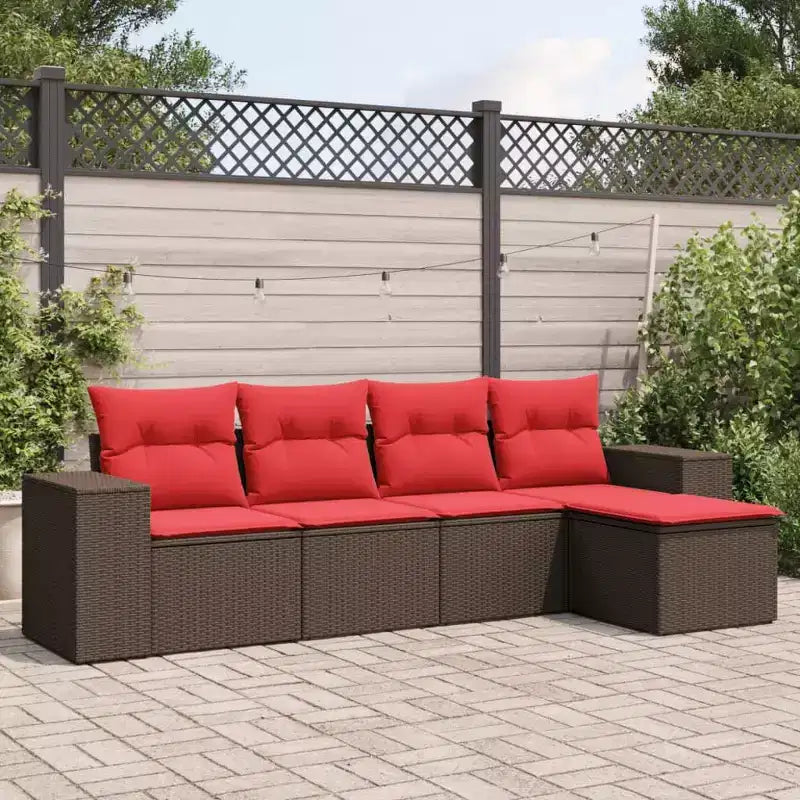 vidaXL Ensemble de canapés de jardin 5 pcs avec coussins résine tressée marron - Marron et rouge sans table