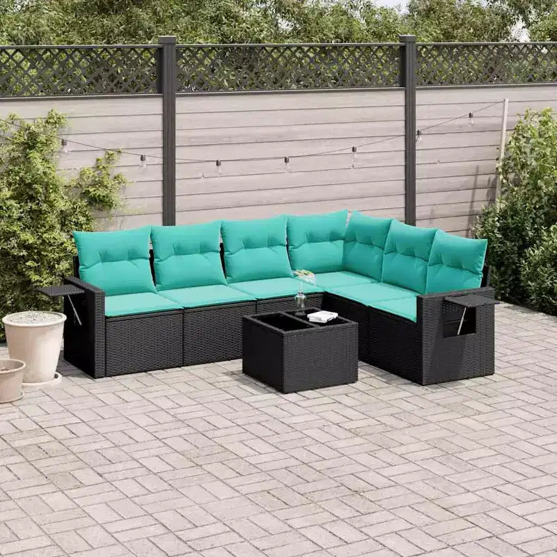 vidaXL Salon de jardin canapé noir, coussins bleus