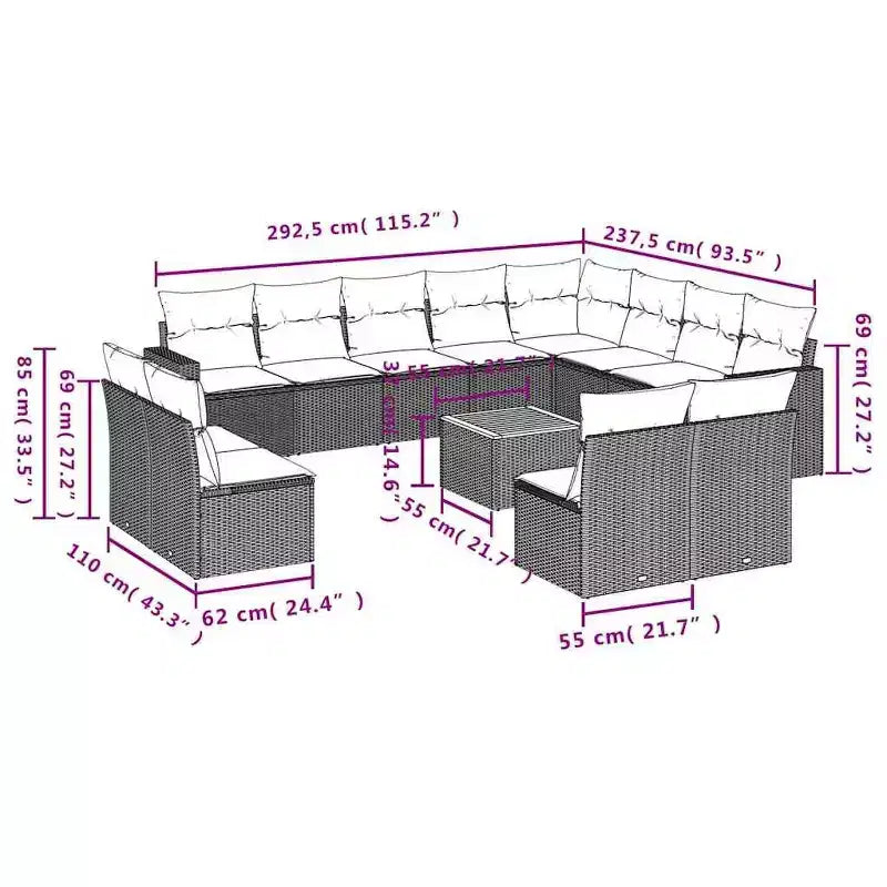 vidaXL Ensemble de canapés de jardin 13 pièces avec coussins résine tressée noir
