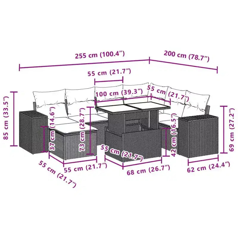 vidaXL Salon de jardin 8 pcs avec coussins résine tressée noir