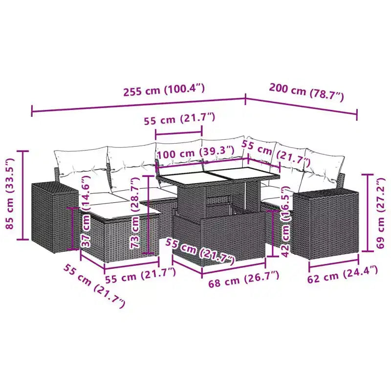 vidaXL Salon de jardin 8 pcs avec coussins résine tressée noir