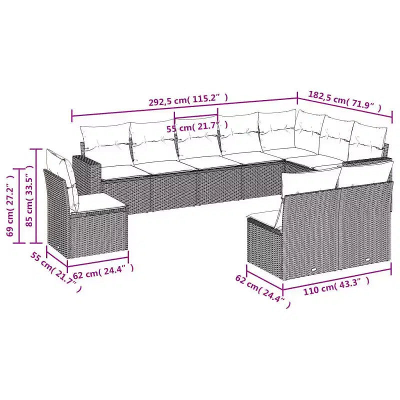 vidaXL Salon de jardin 10 pcs avec coussins Résine tressée
