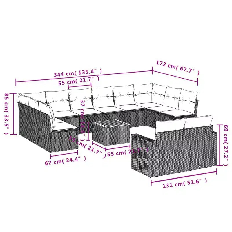 vidaXL Salon de jardin avec coussins, mobilier d'extérieur 13 pièces en résine tressée