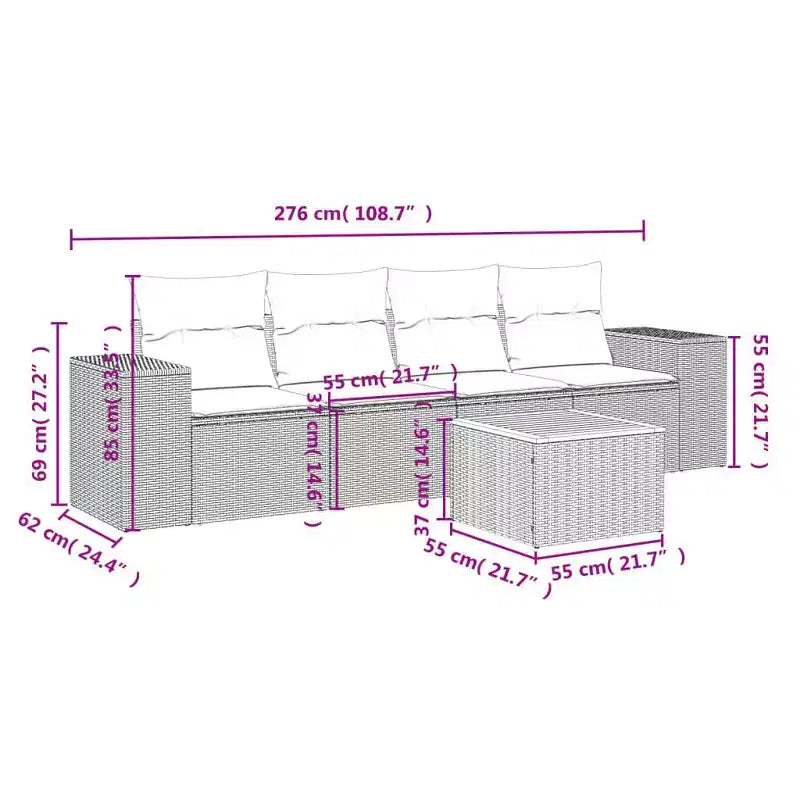 vidaXL Salon de jardin avec coussins, mobilier d'extérieur 5 pièces en poly rotin