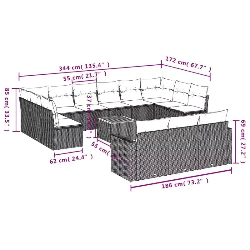 vidaXL Salon de jardin 14 pièces avec coussins en rotin synthétique gris