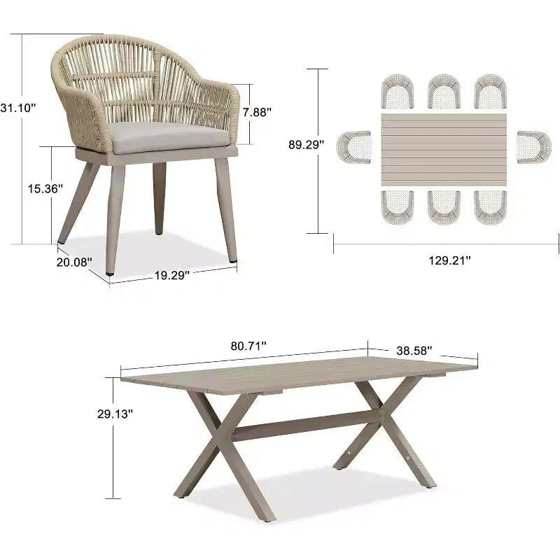 Ensemble de salle à manger de patio PURPLE LEAF avec table à manger d'extérieur en aluminium et chaises en rotin tressé, ensemble de meubles modernes pour jardin, cour, décoration intérieure, couleur champagne