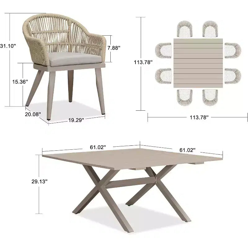 Ensemble de salle à manger de patio PURPLE LEAF avec table à manger d'extérieur en aluminium et chaises en rotin tressé, ensemble de meubles modernes pour jardin, cour, décoration intérieure, couleur champagne
