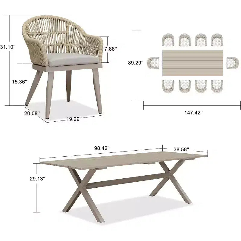 Ensemble de salle à manger de patio PURPLE LEAF avec table à manger d'extérieur en aluminium et chaises en rotin tressé, ensemble de meubles modernes pour jardin, cour, décoration intérieure, couleur champagne