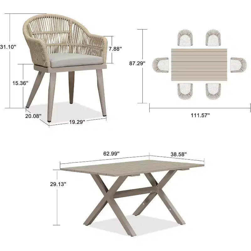 Ensemble de salle à manger de patio PURPLE LEAF avec table à manger d'extérieur en aluminium et chaises en rotin tressé, ensemble de meubles modernes pour jardin, cour, décoration intérieure, couleur champagne