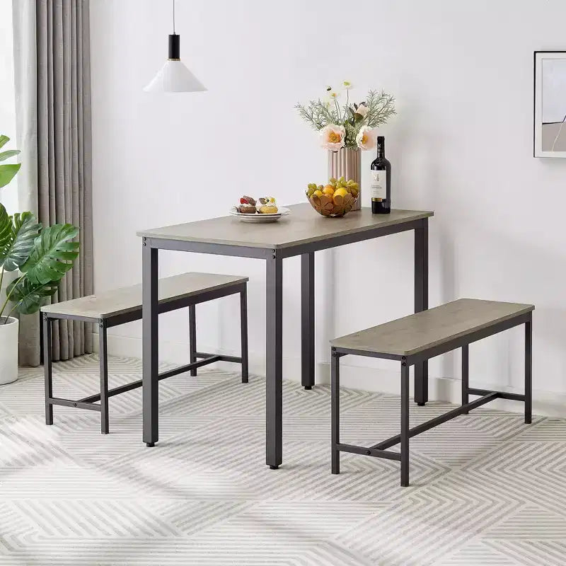 3 Piece Dining Table Set, Dining Room Table Set with 2 17.4 h Benches, Steel Frames, Industrial Bar Table Set, Dining Table Set