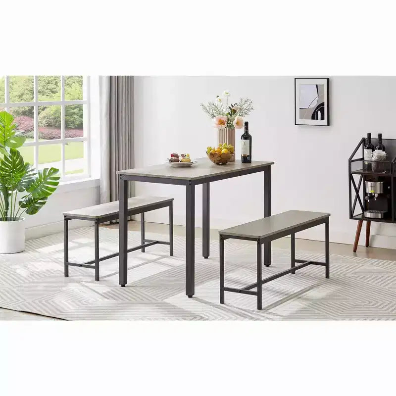 Ensemble table de salle à manger 3 pièces, ensemble de table de salle à manger avec 2 bancs de 17,4 po de haut, cadres en acier, ensemble de table de bar industriel, ensemble de table de salle à manger