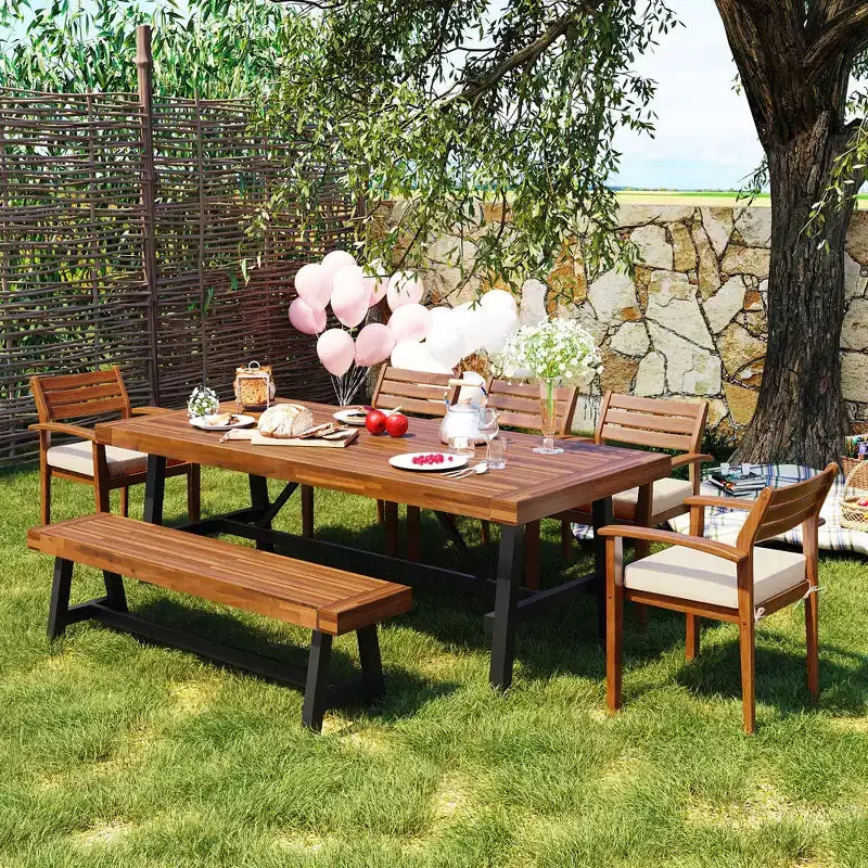 CLIHOME Outdoor Wood Dining Set For 7-8 Person, Outdoor Dining Furniture With Removable Cushions, Ergonomic Chairs And Bench