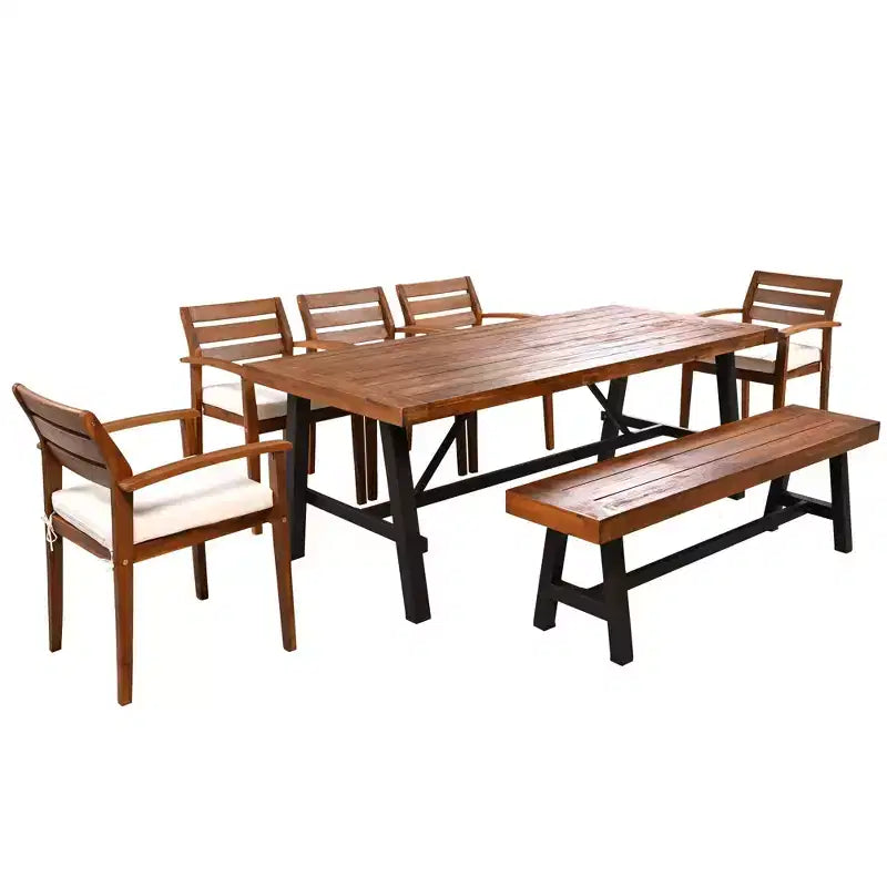 Ensemble de salle à manger d'extérieur en bois CLIHOME pour 7-8 personnes, mobilier de salle à manger d'extérieur avec coussins amovibles, chaises et banc ergonomiques
