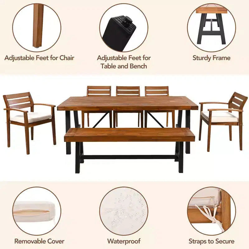 Ensemble de salle à manger d'extérieur en bois CLIHOME pour 7-8 personnes, mobilier de salle à manger d'extérieur avec coussins amovibles, chaises et banc ergonomiques