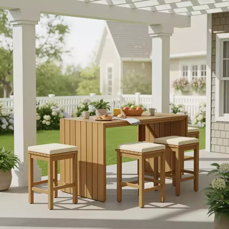 CLIHOME 5 Piece Outdoor Bar Set, Patio Acacia Wood Bar Height Table & Four Stools with Cushions, Wood Dining Bar Set