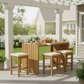 CLIHOME 5 Piece Outdoor Bar Set, Patio Acacia Wood Bar Height Table & Four Stools with Cushions, Wood Dining Bar Set