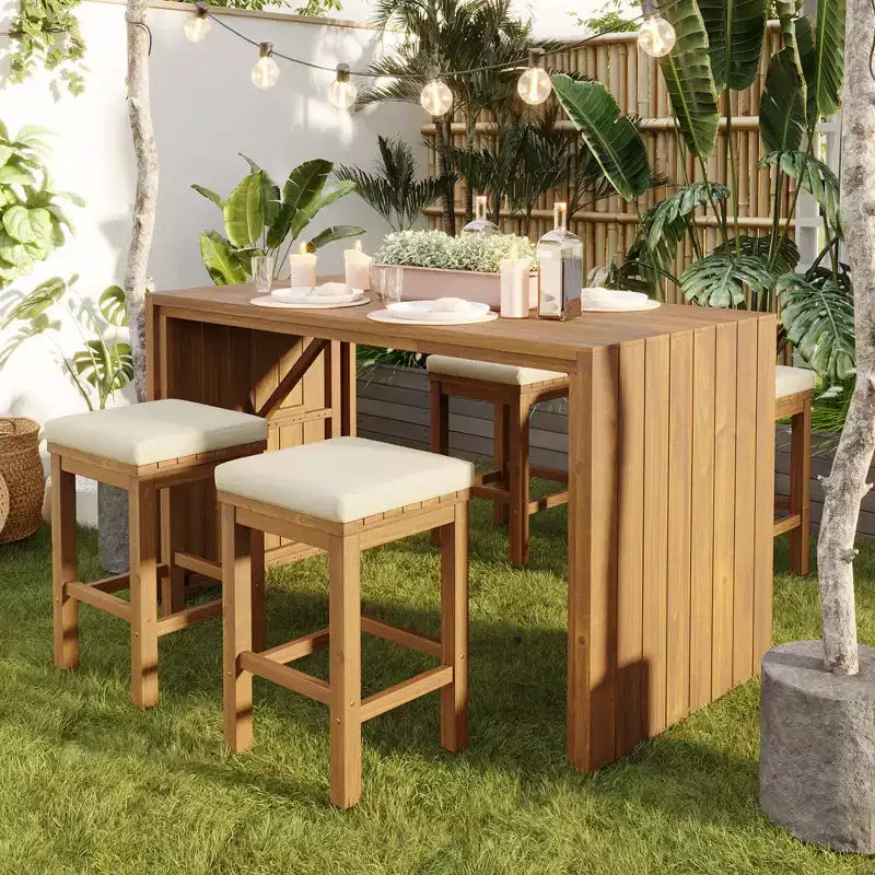 CLIHOME Ensemble de Bar Extérieur 5 Pièces, Table Haute de Bar en Bois d'Acacia pour Patio & Quatre Tabourets avec Coussins, Ensemble de Bar de Salle à Manger en Bois