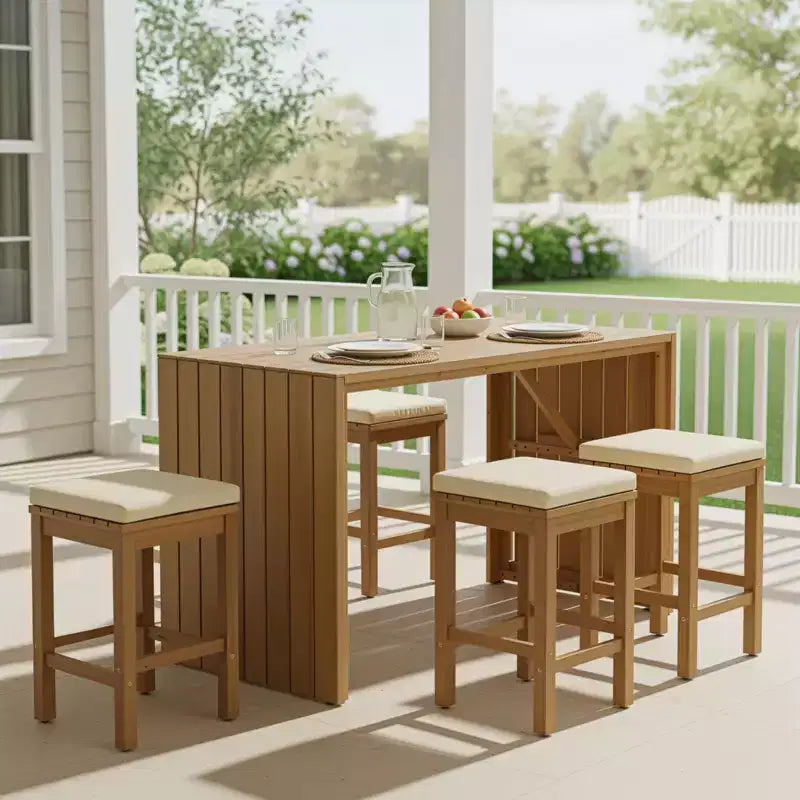 CLIHOME Ensemble de Bar Extérieur 5 Pièces, Table Haute de Bar en Bois d'Acacia pour Patio & Quatre Tabourets avec Coussins, Ensemble de Bar de Salle à Manger en Bois