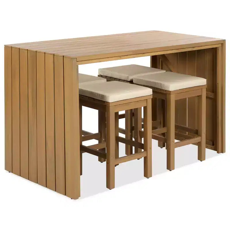 CLIHOME Ensemble de Bar Extérieur 5 Pièces, Table Haute de Bar en Bois d'Acacia pour Patio & Quatre Tabourets avec Coussins, Ensemble de Bar de Salle à Manger en Bois