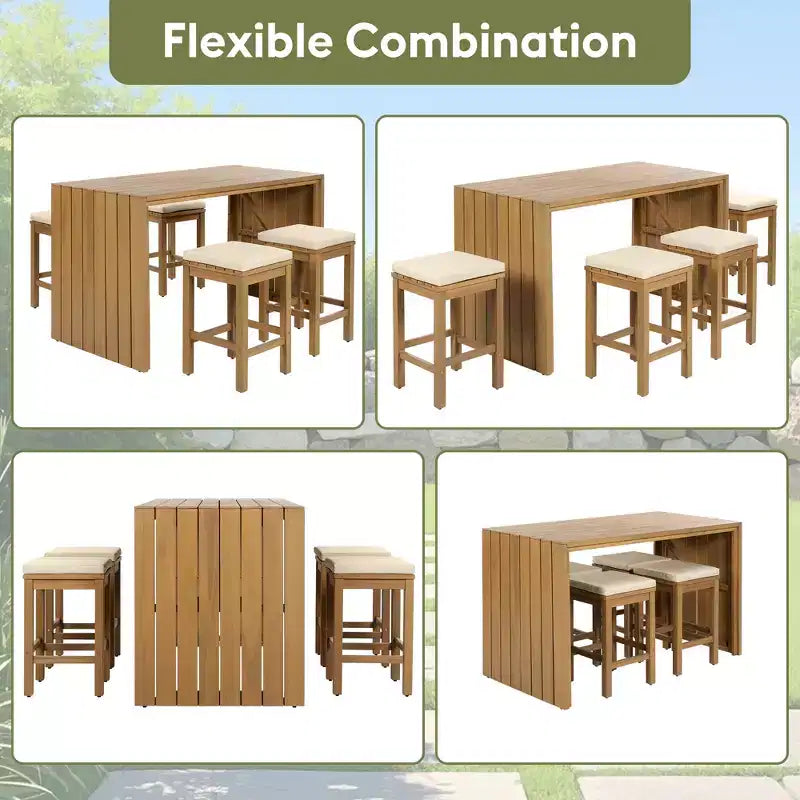 CLIHOME Ensemble de Bar Extérieur 5 Pièces, Table Haute de Bar en Bois d'Acacia pour Patio & Quatre Tabourets avec Coussins, Ensemble de Bar de Salle à Manger en Bois