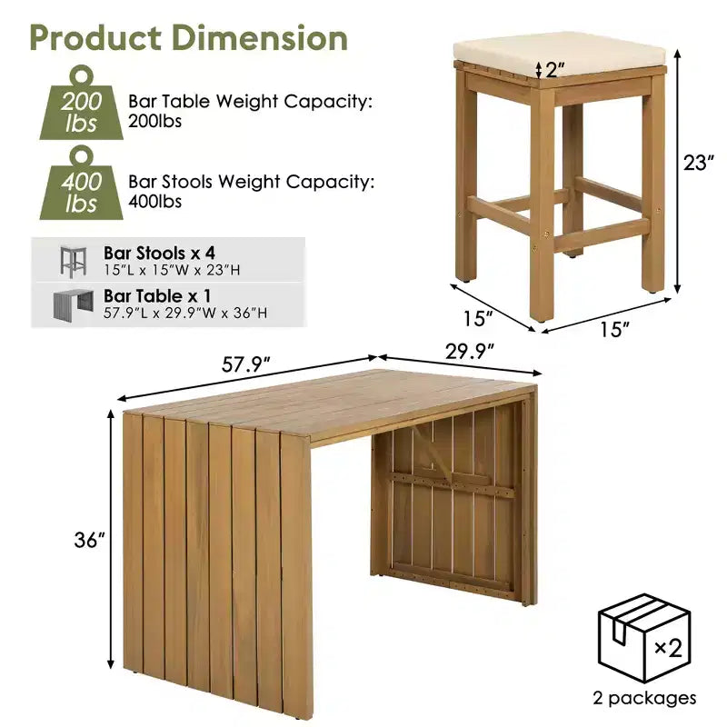 CLIHOME Ensemble de Bar Extérieur 5 Pièces, Table Haute de Bar en Bois d'Acacia pour Patio & Quatre Tabourets avec Coussins, Ensemble de Bar de Salle à Manger en Bois