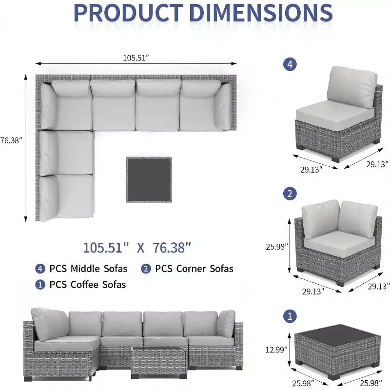 Ensemble de mobilier de patio extérieur 7 pièces, ensemble de canapés modulaires en rotin tressé avec coussins pour l'extérieur, le jardin, le balcon, le porche