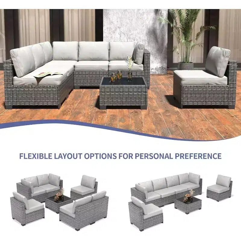 Ensemble de mobilier de patio extérieur 7 pièces, ensemble de canapés modulaires en rotin tressé avec coussins pour l'extérieur, le jardin, le balcon, le porche