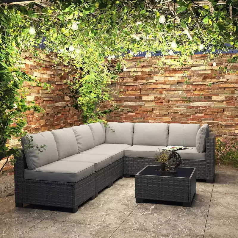 Ensemble de mobilier de patio extérieur 7 pièces, ensemble de canapés modulaires en rotin tressé avec coussins pour l'extérieur, le jardin, le balcon, le porche