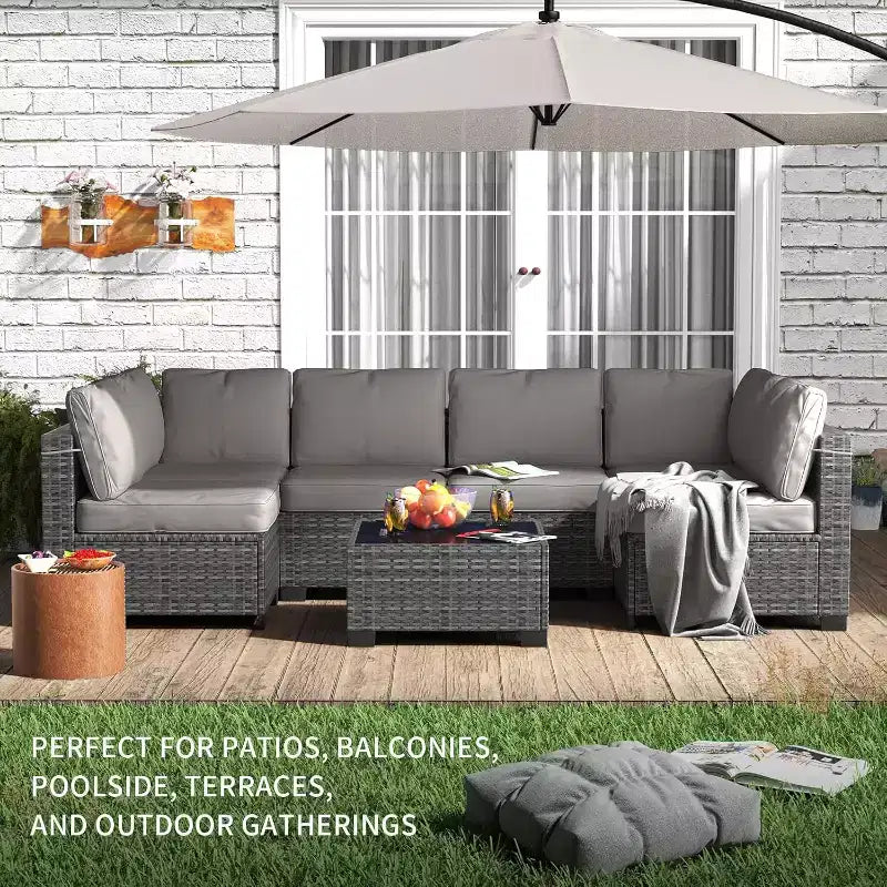 Ensemble de mobilier de patio extérieur 7 pièces, ensemble de canapés modulaires en rotin tressé avec coussins pour l'extérieur, le jardin, le balcon, le porche