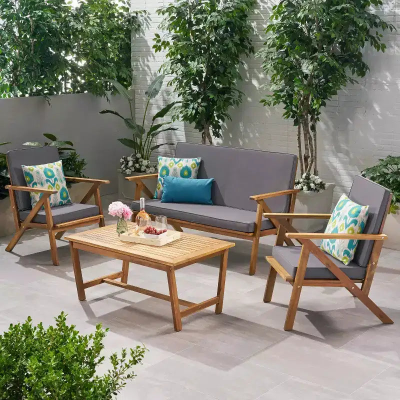 MAYEERTY 4-Piece Acacia Wood Patio Chat Set, Gray Water Resistant Cushions