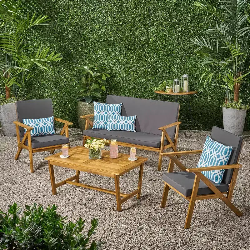 MAYEERTY Ensemble de conversation de patio 4 pièces en bois d'acacia, Coussins gris résistants à l'eau