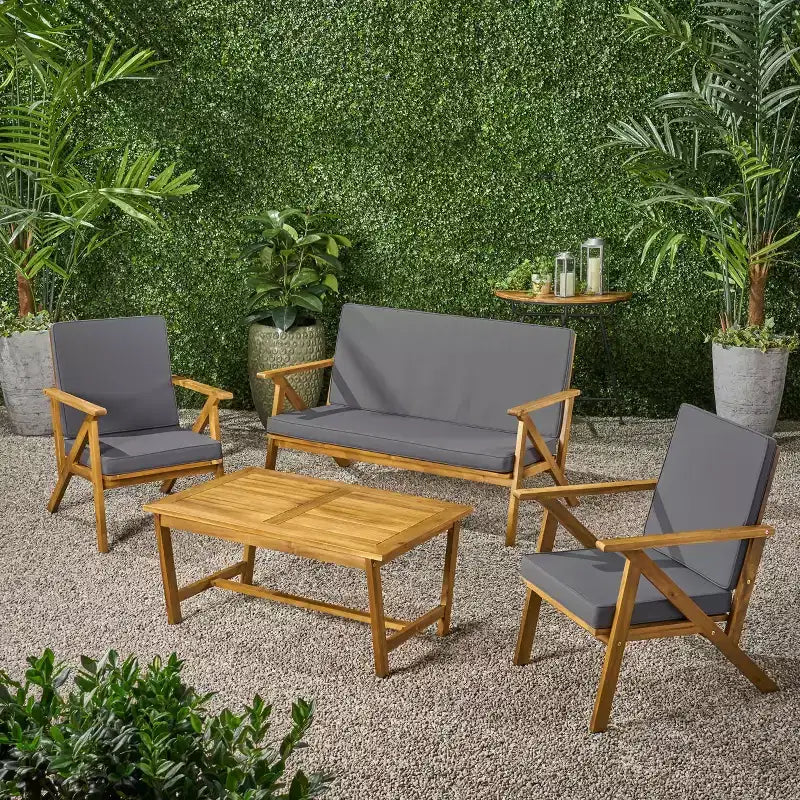 MAYEERTY Ensemble de conversation de patio 4 pièces en bois d'acacia, Coussins gris résistants à l'eau